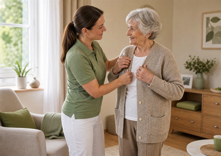 DuoCare unterstützt eine Seniorin bei der Grundpflege zu Hause